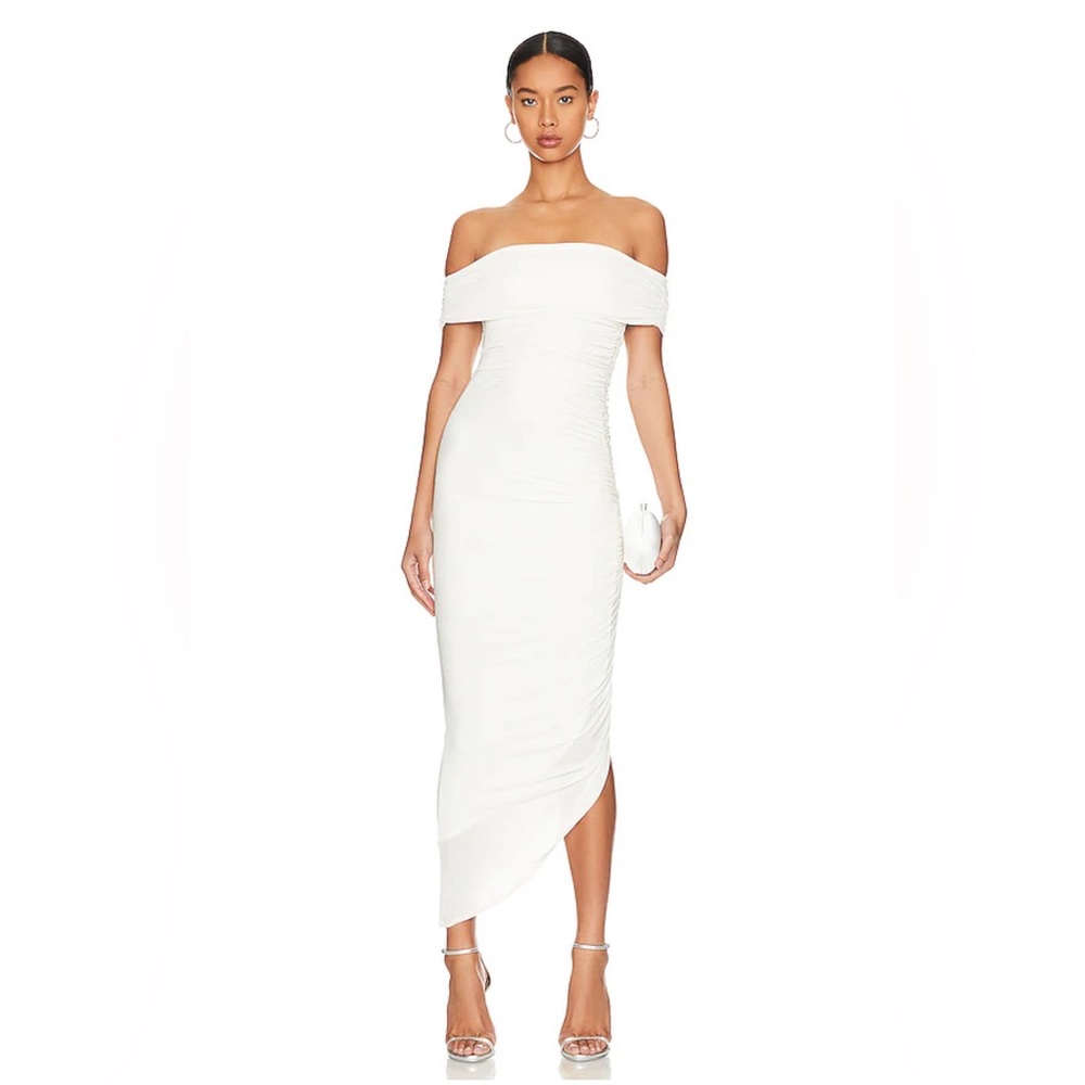 Misha Collection Keoni Off Shoulder Slinky Ruched Bodycon Midi Dress Ivory S NWT
